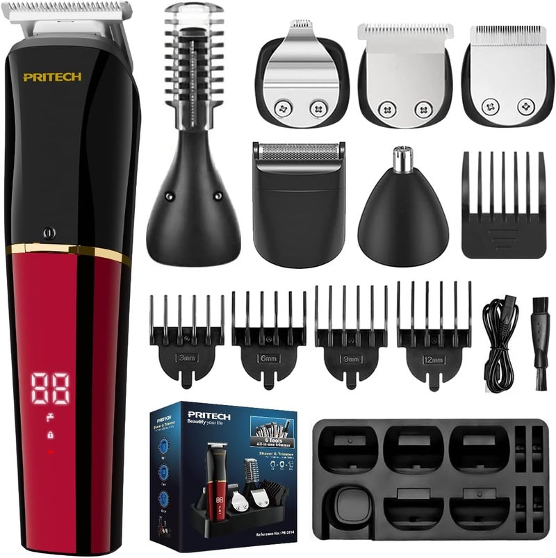 pritech Beard Trimmer for Men,6 in 1 Hair Clippers Kit, Precision Cordless Grooming Kit Waterproof IPX6 for Beard, Hair, Body, Nose, Ear, with Foil Razor (Red) - Image 1